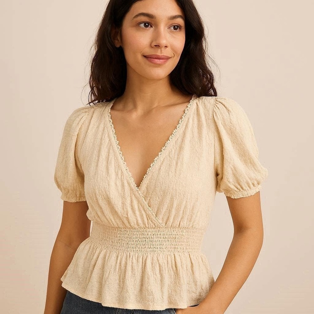 Women's Small Peasant Top 1970's Inspired Cream Textured Boho Mom Peplum Blouse